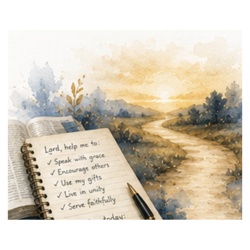 A notebook of prayers beside an open Bible and path