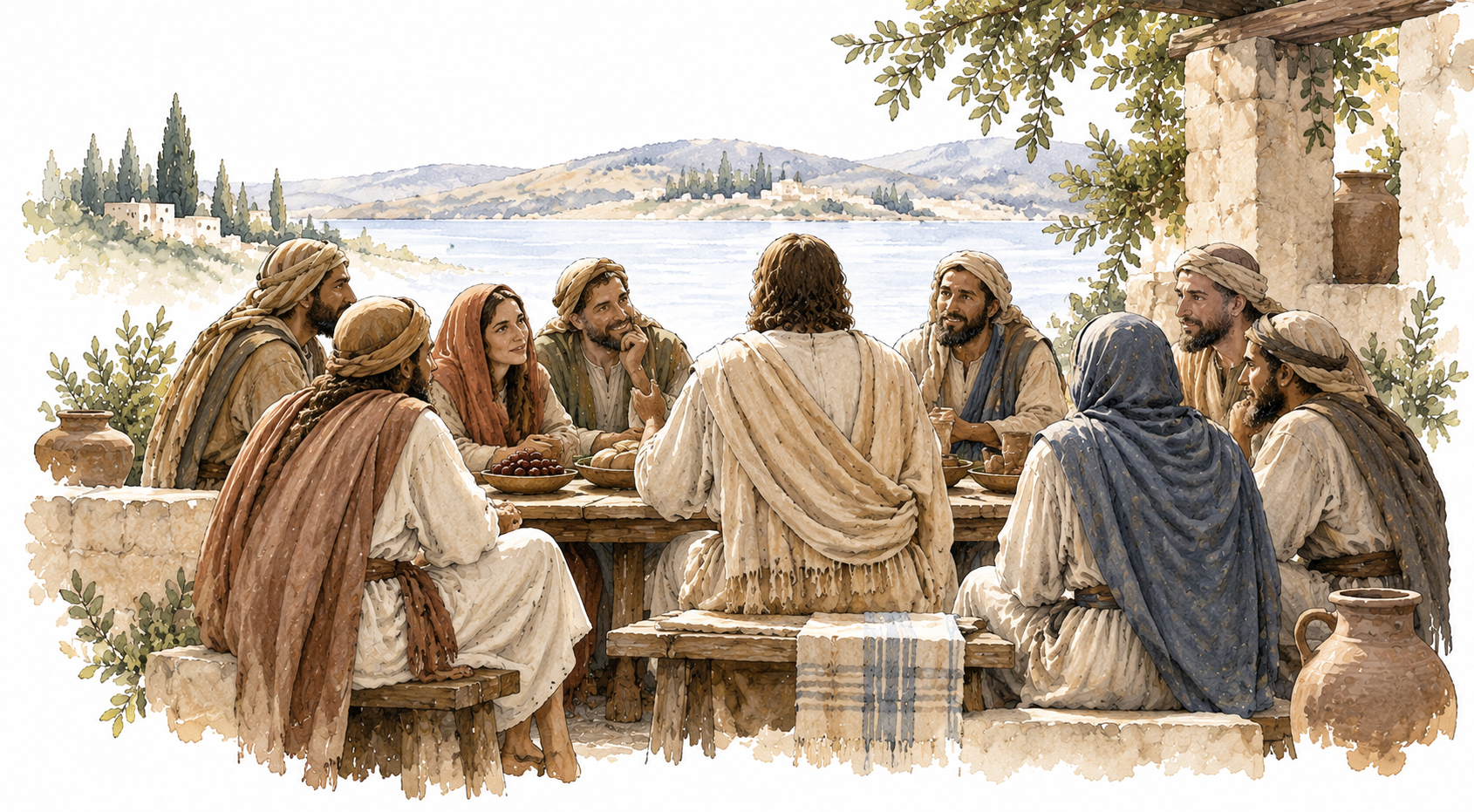 Yeshua seen from behind with people gathered around a table